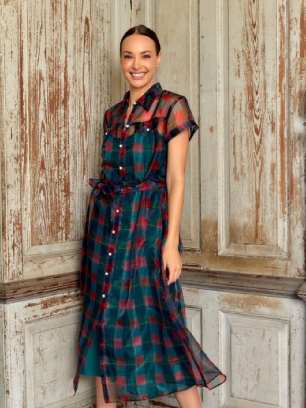 Alden Adair Sheer Plaid Button Front Midi Dress | Belted | Size S